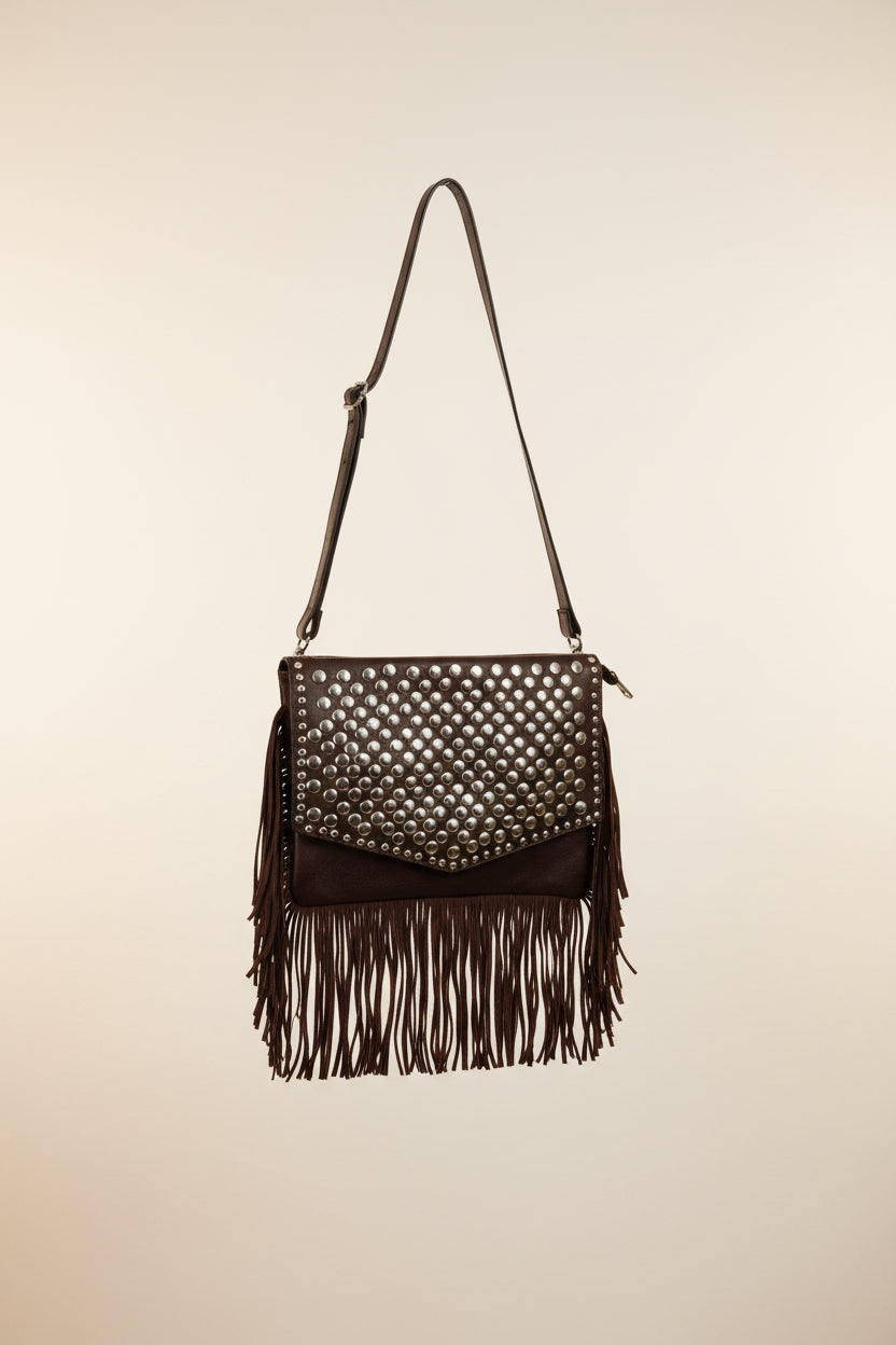 Bolso Bandolera Piel Italiana Tachuelas Flecos Marrón | YOLYKKE