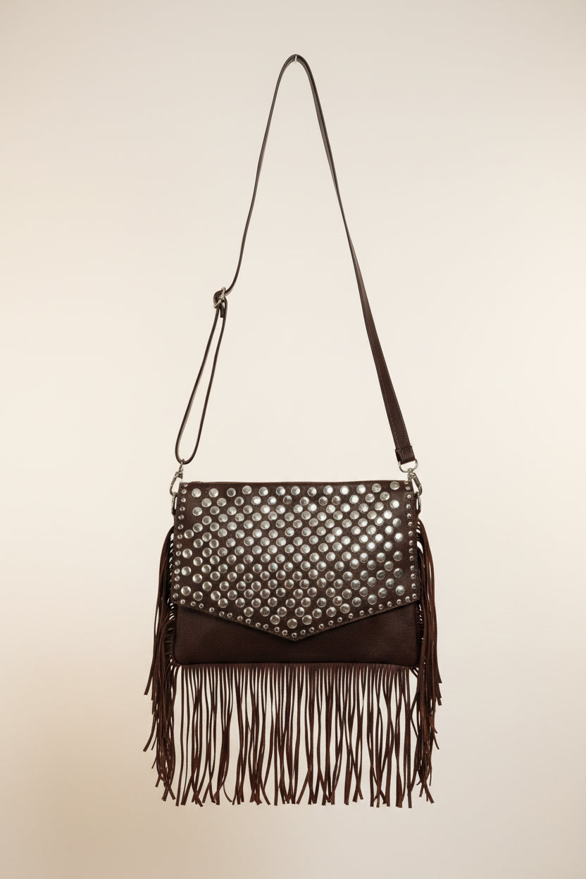 Bolso Bandolera Piel Italiana Tachuelas Flecos Marrón | YOLYKKE