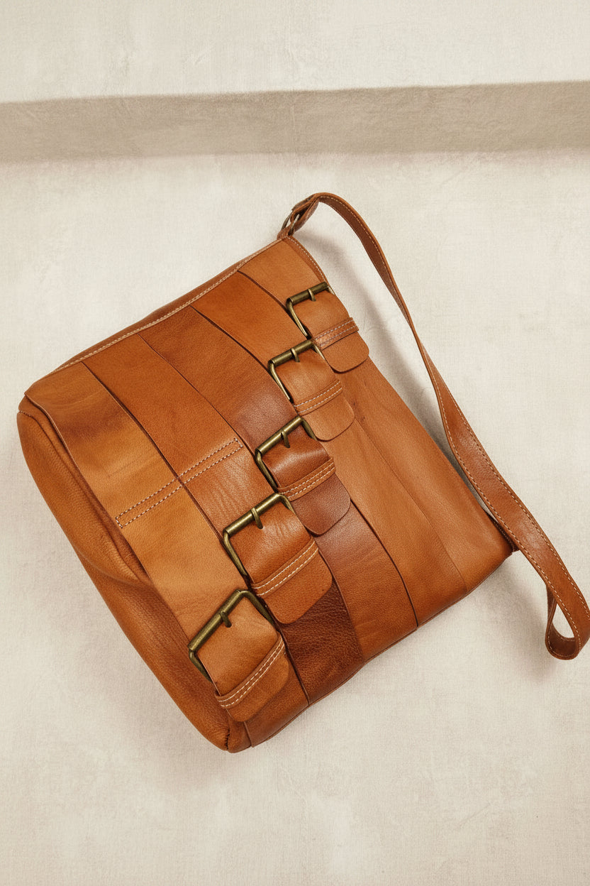 Bolso Tote Piel Italiana Hebillas Doradas Camel | YOLYKKE