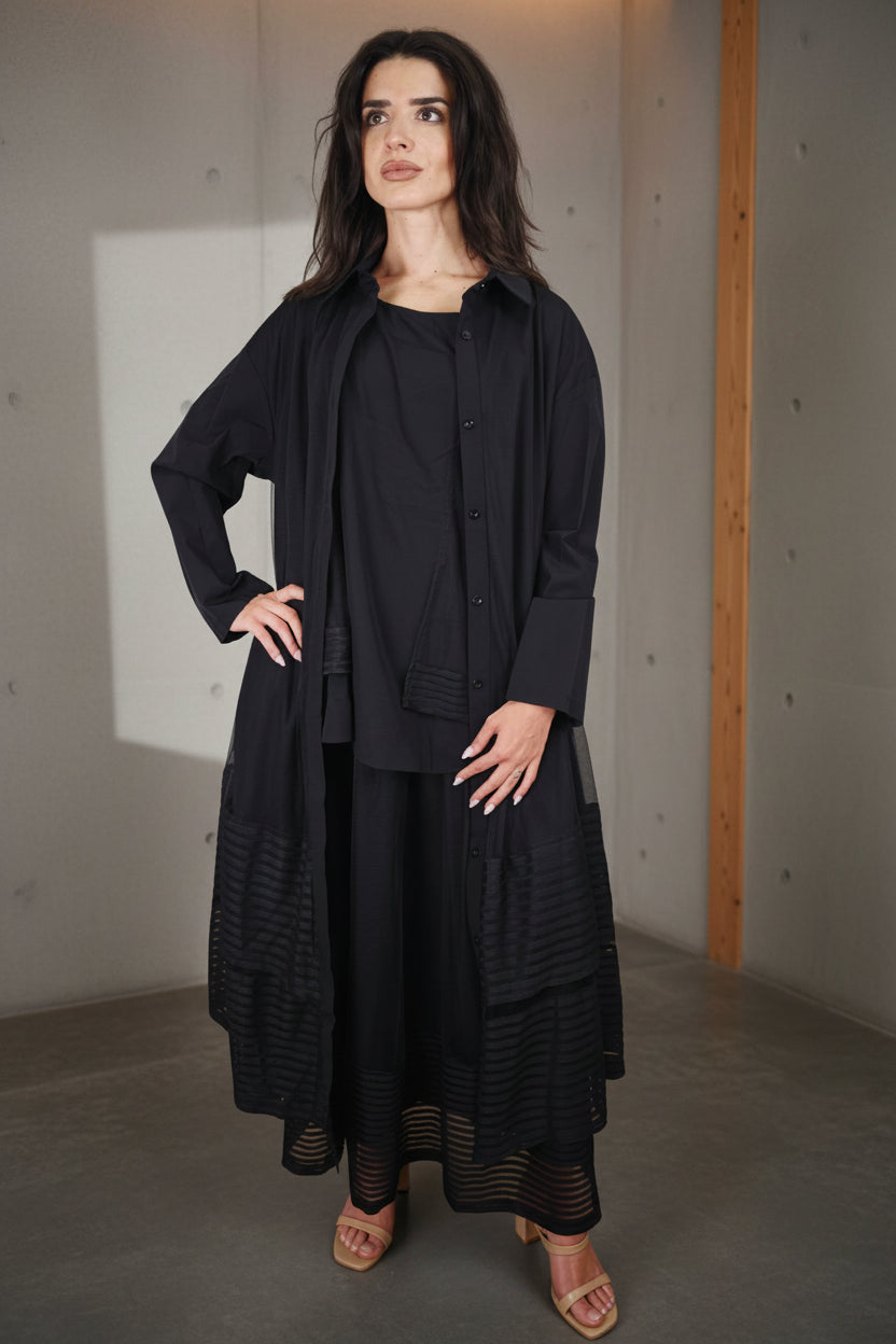 Vestido Chaqueta Maxi Tül Rayas Horizontales Negro | Nefelibata