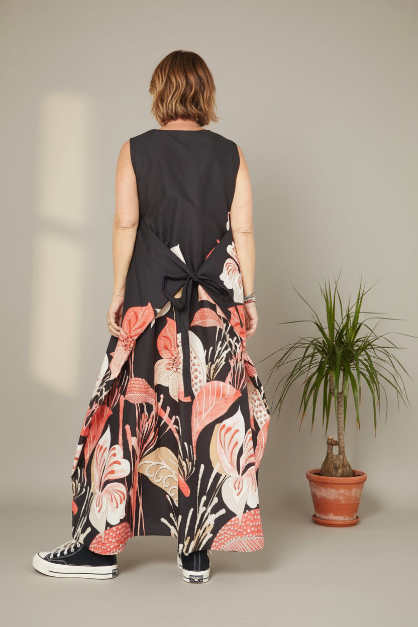 Vestido Caftán Floral Tropical Negro