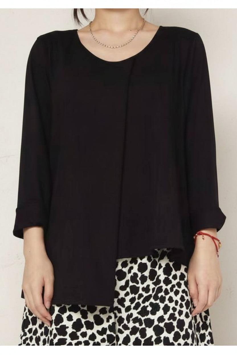 Camiseta Asimétrica Manga 3/4 Puño Vuelto Negro | Wendy Trendy