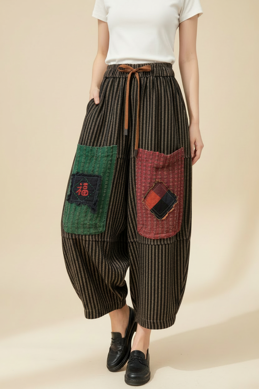 Pantalón Harem Rayas Japonesas Bolsillos Bordado Suerte Cordón Cuero | Nefelibata