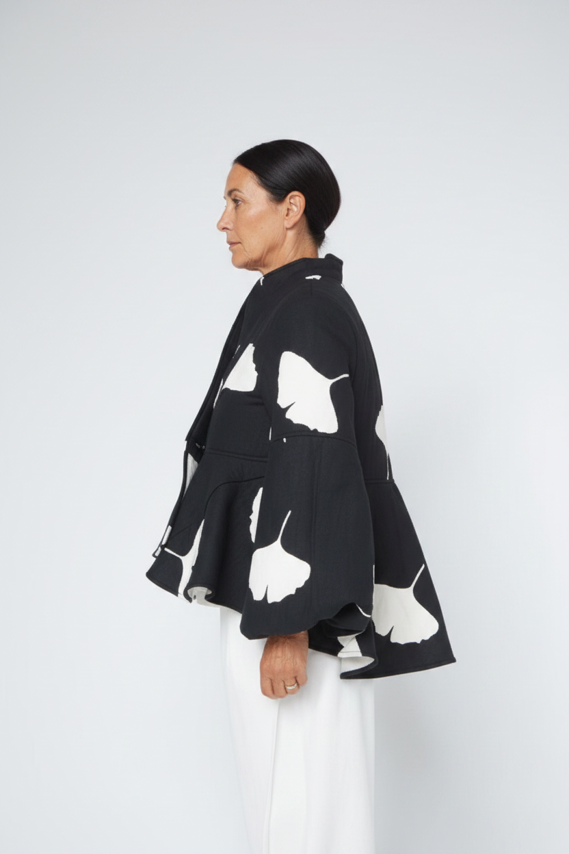 Chaqueta Kimono Estampado Ginkgo Negro Blanco Mangas Globo | Wendy Trendy