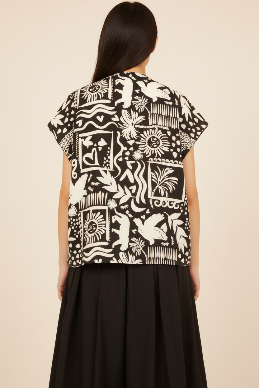 Chaleco Corto Estampado Tribal Folk Negro Blanco Lazada | Wendy Trendy