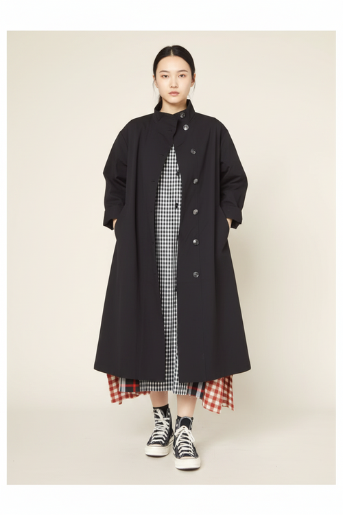 Abrigo Largo Negro Cuello Mao Botonadura Negra Silueta Evasé | Wendy Trendy