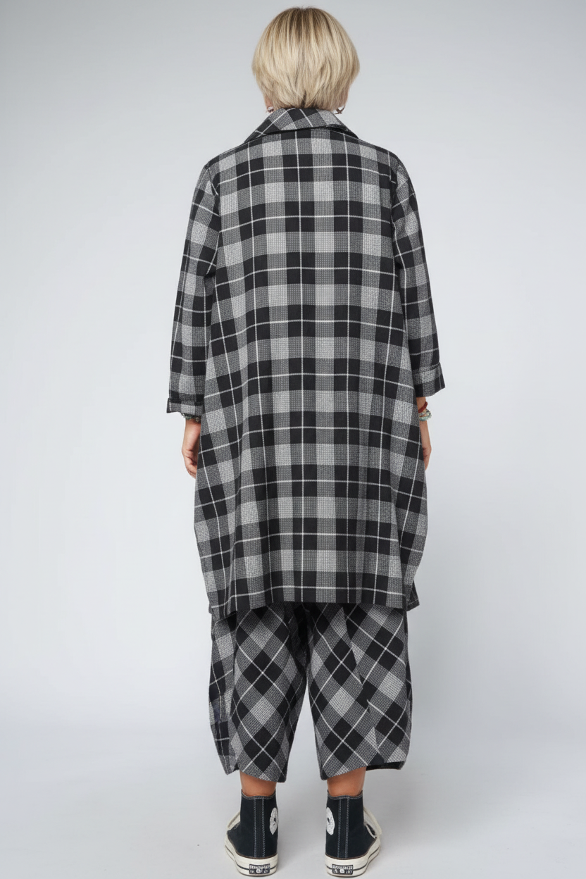 Spolverino Cuadros Escoceses Gris Negro Cuello Solapa Cordón | Wendy Trendy