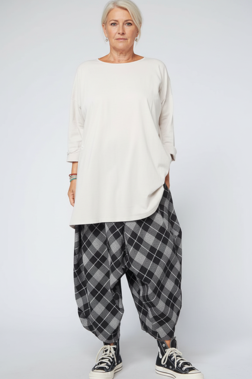 Pantalón Harem Cuadros Escoceses Gris Negro Cintura Elástica | Wendy Trendy