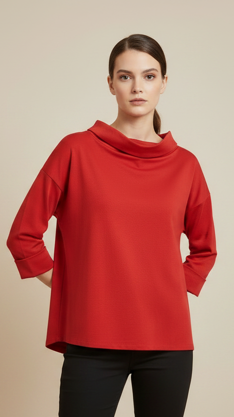 Camiseta Oversize Punto Milano Cuello Vuelto Caído Bajo Asimétrico Manga 3/4 | Wendy Trendy