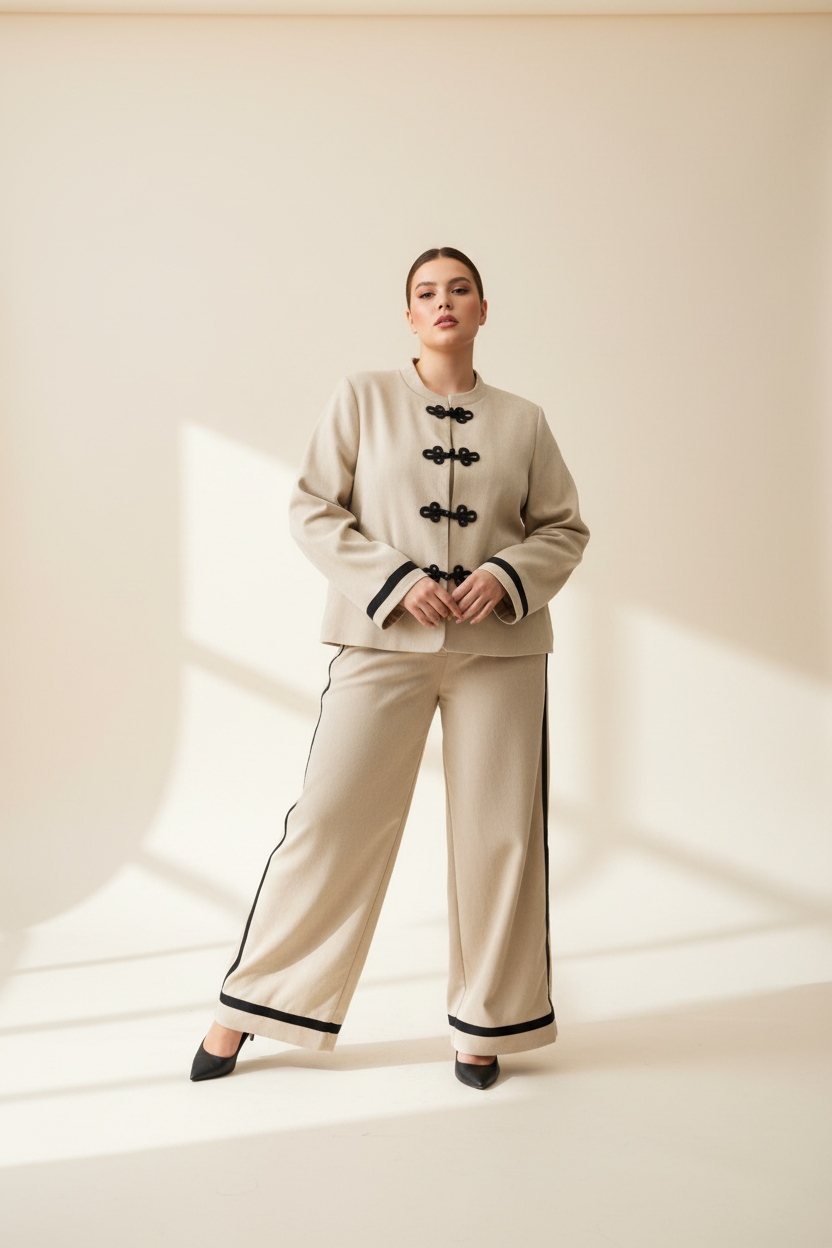 Pantalón Palazzo Jacquard Beige Franja Lateral Negra Curvy | YOLYKKE