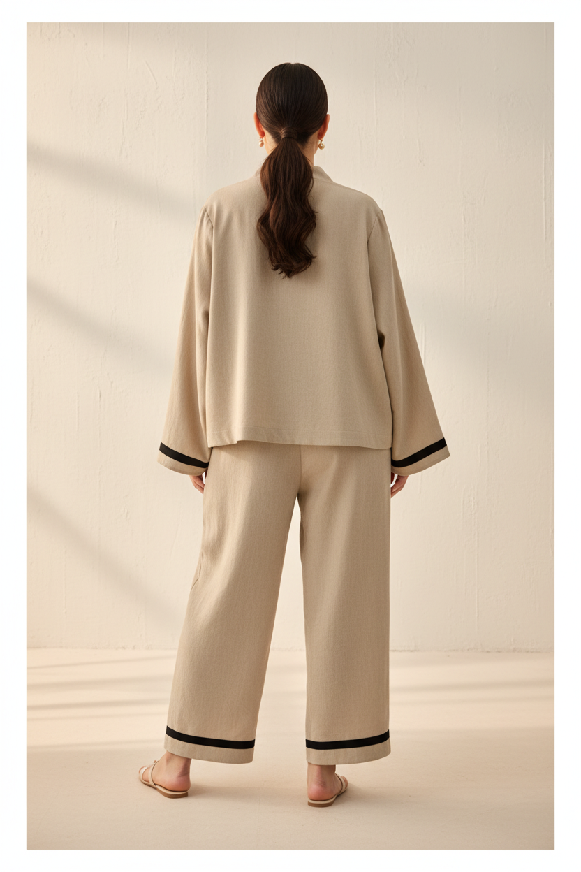 Pantalón Palazzo Jacquard Beige Franja Lateral Negra Curvy | YOLYKKE