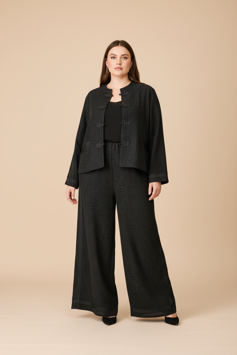 Pantalón Palazzo Jacquard Negro Franja Satén Lateral Curvy | YOLYKKE