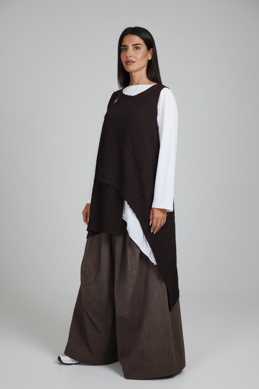 Chaleco Largo Jacquard Crinkle Cremallera Asimétrica | Wendy Trendy