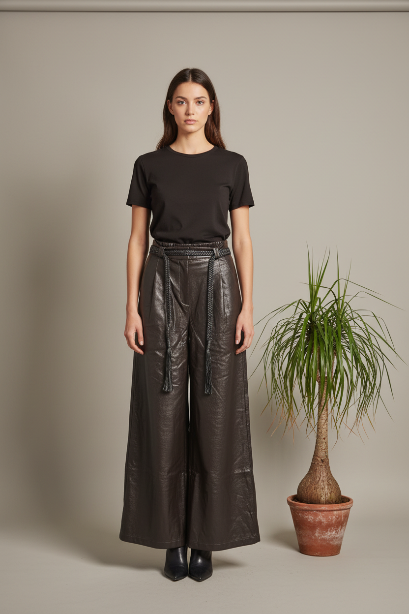 Pantalón Wide Leg Polipiel Suave Tiro Alto Pinzas Cinturón Trenzado | Nefelibata