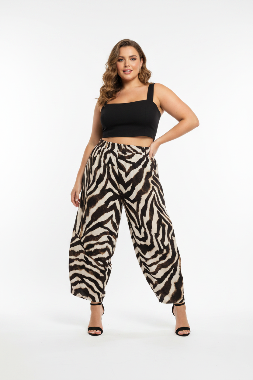 Pantalón Barrel Globo Estampado Cebra Cinturilla Elástica Curvy | YOLYKKE