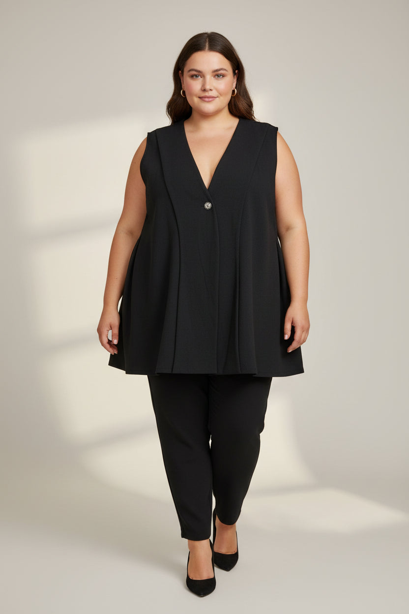 Chaleco Oversize Cuello V Botón Negro Tallas Grandes | YOLYKKE Curvy