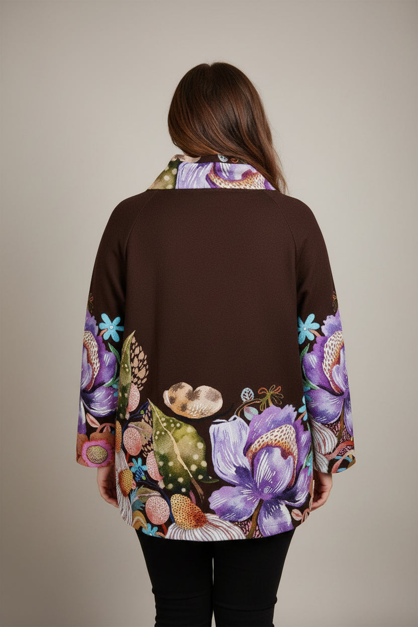 Chaqueta Cruzada Floral Maxi Cuello Chimenea Marrón Tallas Grandes | YOLYKKE Curvy