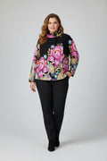 Chaqueta Cruzada Floral Maxi Cuello Chimenea Negro Tallas Grandes | YOLYKKE Curvy