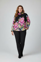 Chaqueta Cruzada Floral Maxi Cuello Chimenea Negro Tallas Grandes | YOLYKKE Curvy