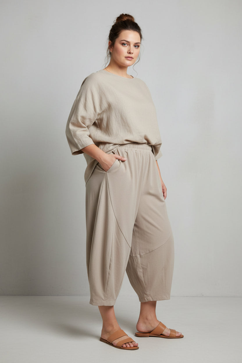 Pantalón Globo Elástico Tostado Tallas Grandes | YOLYKKE Curvy