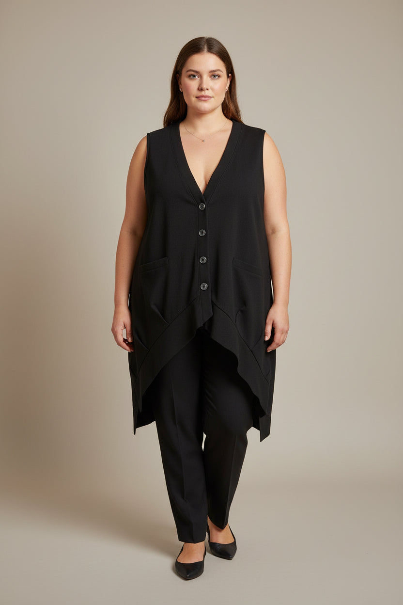 Chaleco Largo Asimétrico Botones Negro Tallas Grandes | YOLYKKE Curvy