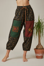 Pantalón Harem Patchwork Brocado Paisley Cordón Cuero | Nefelibata