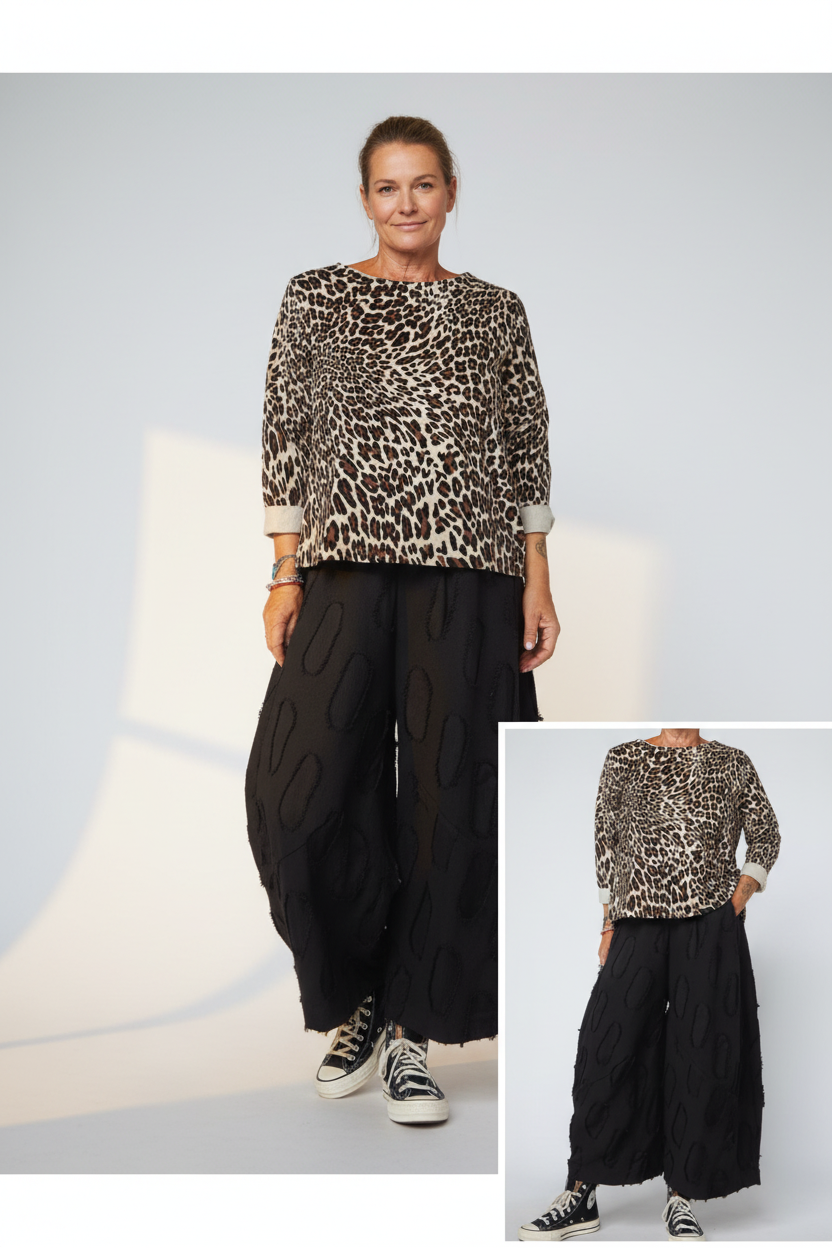 Pantalón Palazzo Negro Textura Flecos Relieve Extra Ancho | Wendy Trendy
