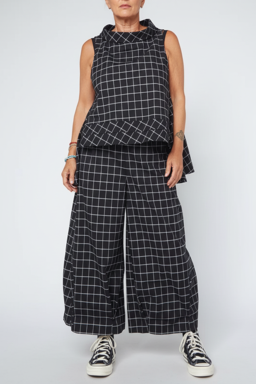 Pantalón Palazzo Cuadro Vichy Negro Ancho | Wendy Trendy
