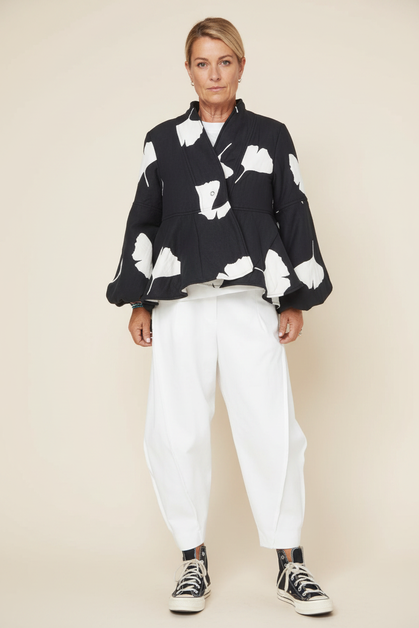 Chaqueta Kimono Estampado Ginkgo Negro Blanco Mangas Globo | Wendy Trendy
