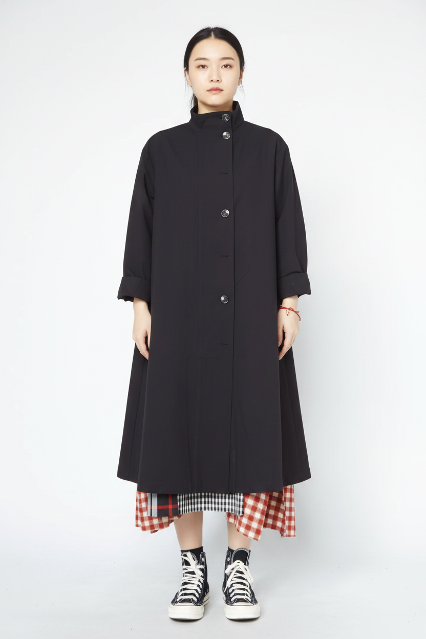 Abrigo Largo Negro Cuello Mao Botonadura Negra Silueta Evasé | Wendy Trendy