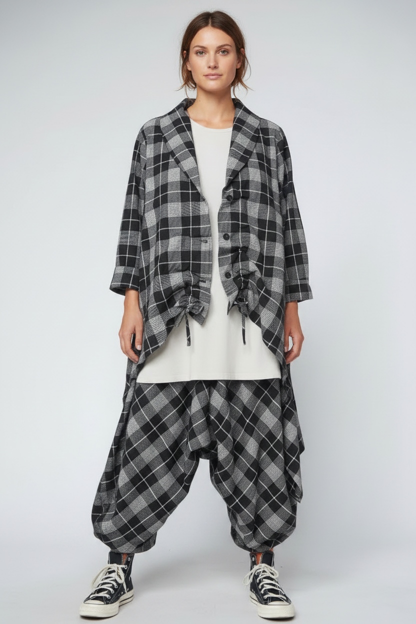 Pantalón Harem Cuadros Escoceses Gris Negro Cintura Elástica | Wendy Trendy