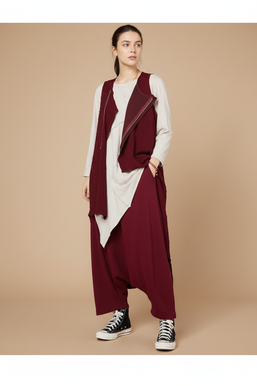 Chaleco Largo Jacquard Crinkle Cremallera Asimétrica | Wendy Trendy