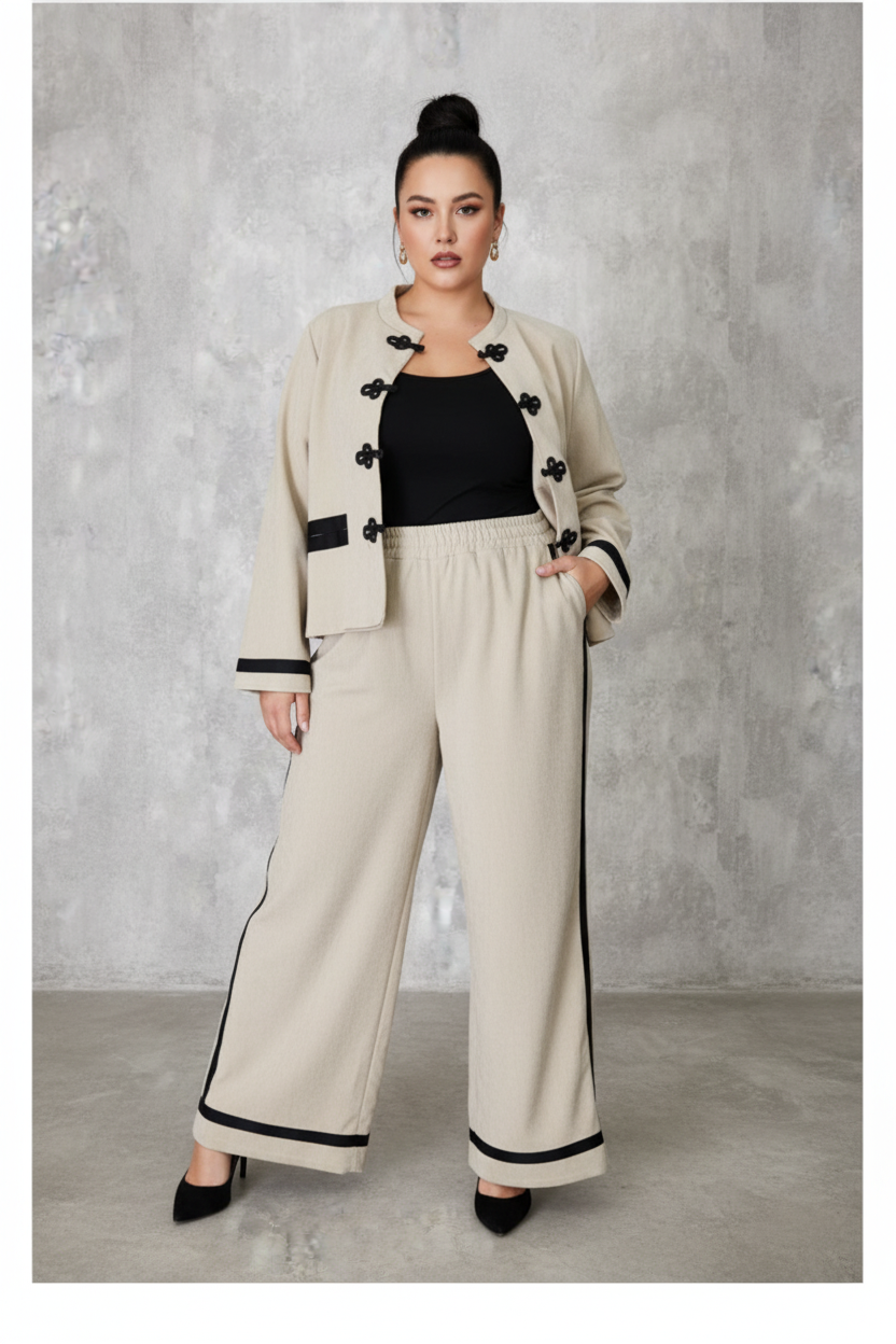 Pantalón Palazzo Jacquard Beige Franja Lateral Negra Curvy | YOLYKKE