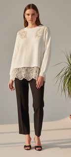 Sudadera Aplicaciones Florales Pedrería Perlas Bajo Encaje Lurex Negro Blanco | Nefelibata