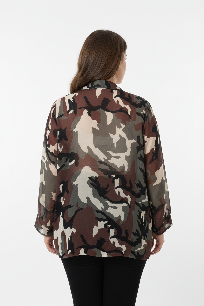 Chemise Soie Viscose Imprimé Camouflage Militaire Col Mao Patte boutonnée Grande Taille | YOLYKKE