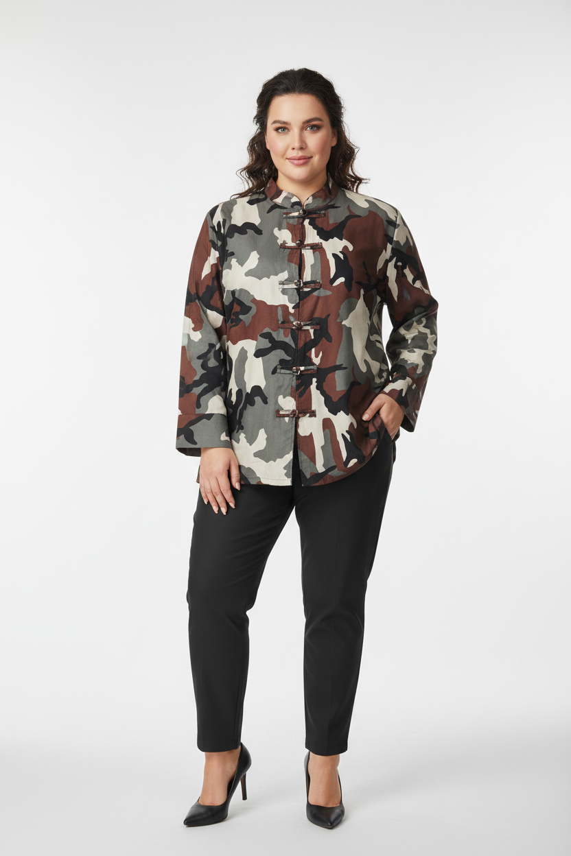 Chemise Soie Viscose Imprimé Camouflage Militaire Col Mao Patte boutonnée Grande Taille | YOLYKKE