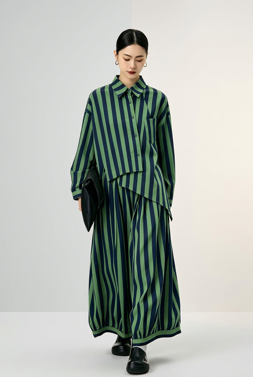 Conjunto de rayas con camisa asimétrica y pantalón globo Nefelibata