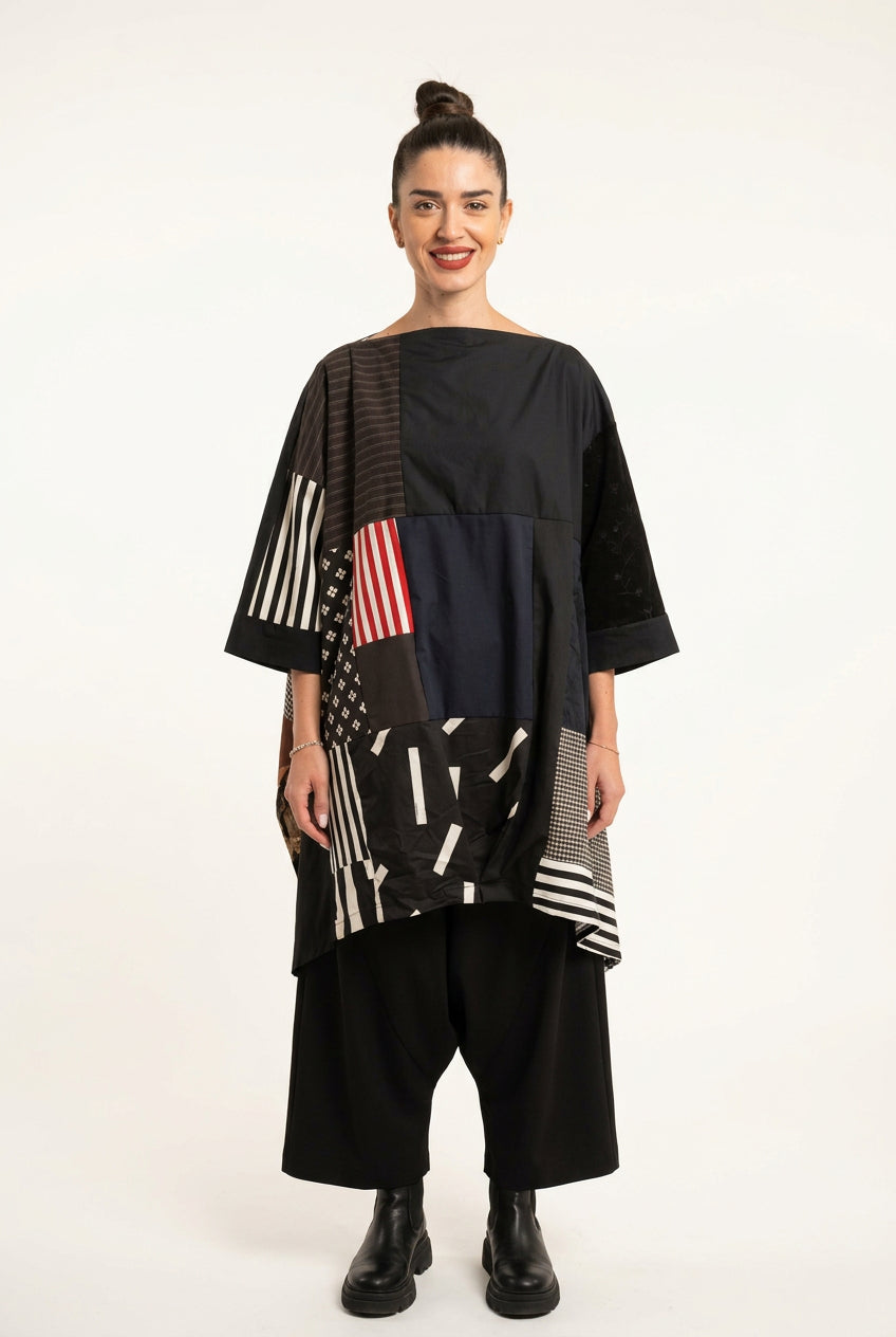 Kimono-Hemd Künstlerisches Patchwork Gemischte Stoffe Asymmetrischer Saum | Wendy Trendy