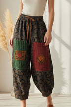 Pantalon Harem Rayures Japonaises Poches Broderie Chance Cordon Cuir | Nefelibata