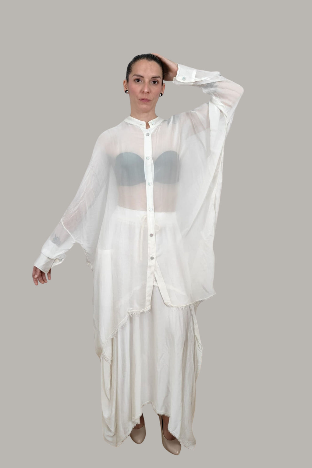 Camisa Larga Asimétrica Gasa Mármol | YOLYKKE