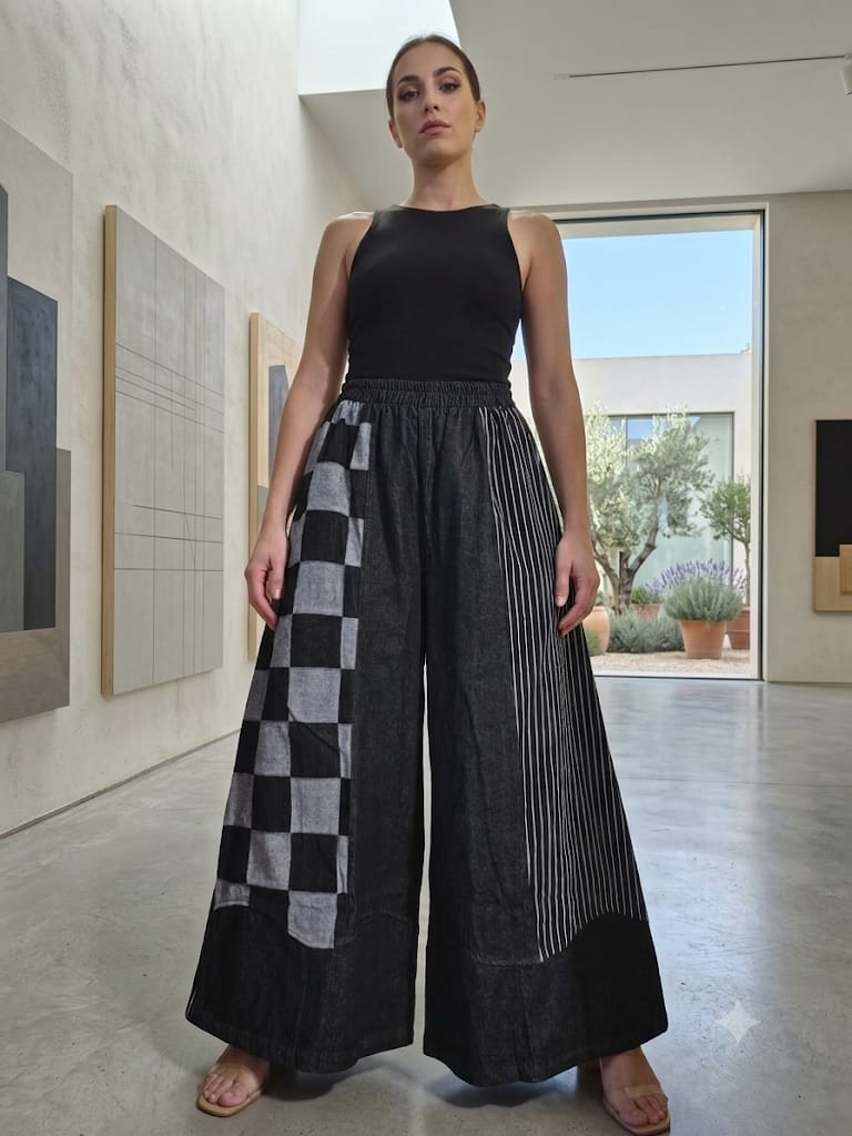 Pantalón Palazzo Vaquero Patchwork Ajedrez Rayas Negro | Nefelibata