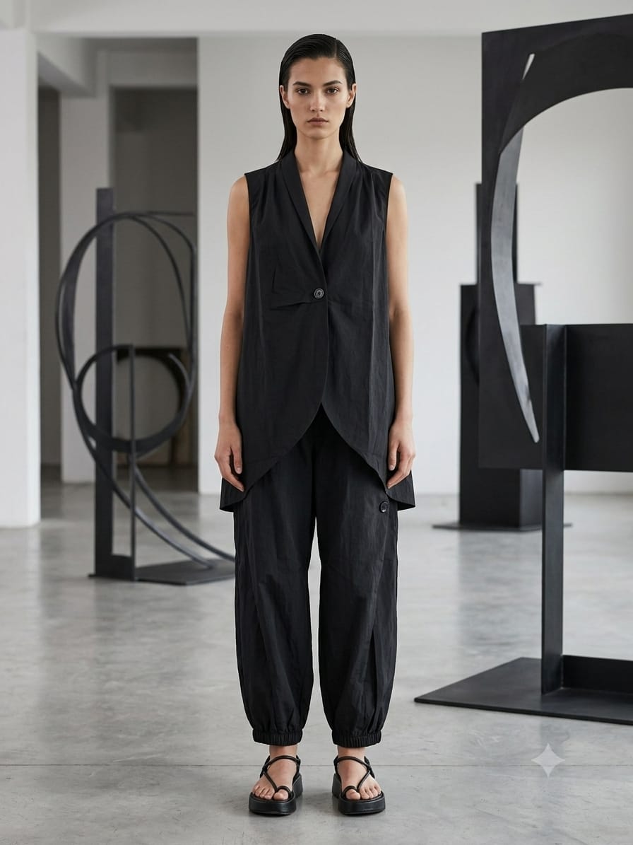 Pantalón Amplio Corte Japonés Bajo Fruncido Negro Gris | Nefelibata