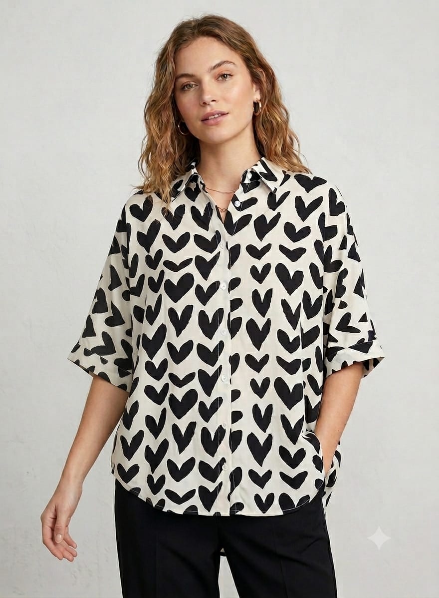 Camisa Corazones Manga Murciélago Beige Negro | Nefelibata