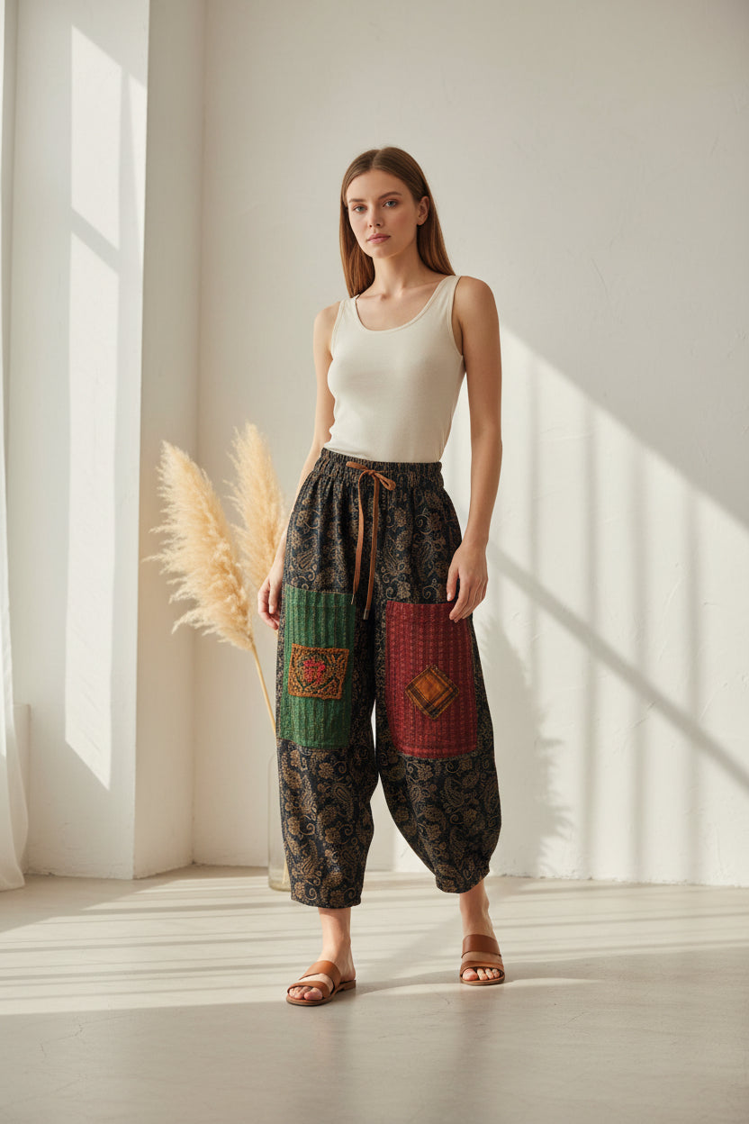 Pantalón Harem Patchwork Brocado Paisley Cordón Cuero | Nefelibata
