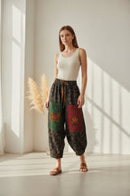 Pantalón Harem Patchwork Brocado Paisley Cordón Cuero | Nefelibata