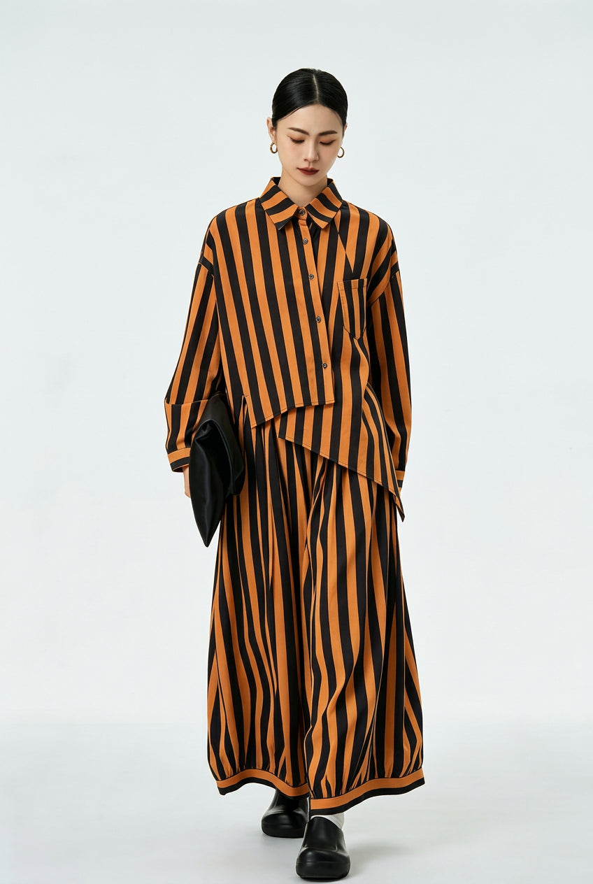 Conjunto de rayas con camisa asimétrica y pantalón globo Nefelibata