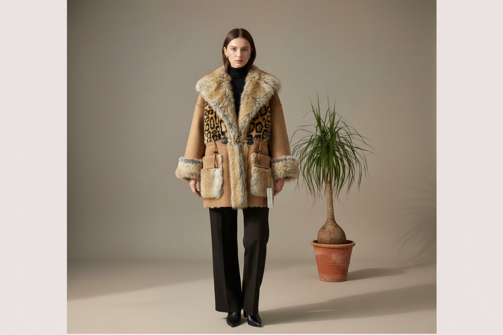 abrigo marron de nefelibata combinado en piel sintetica leopardo y vison