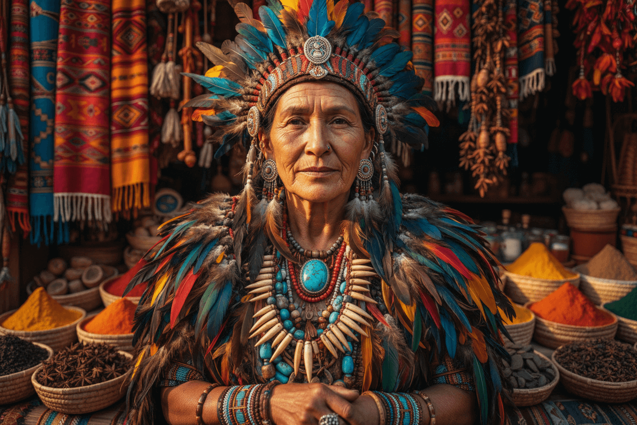 Banner Complementos LYKKE - Persona madura tribal con fondo colorido