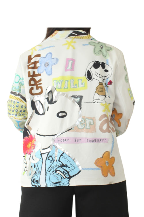 blazer jot_milano con snoypy blanco y textos y flores multicolores
