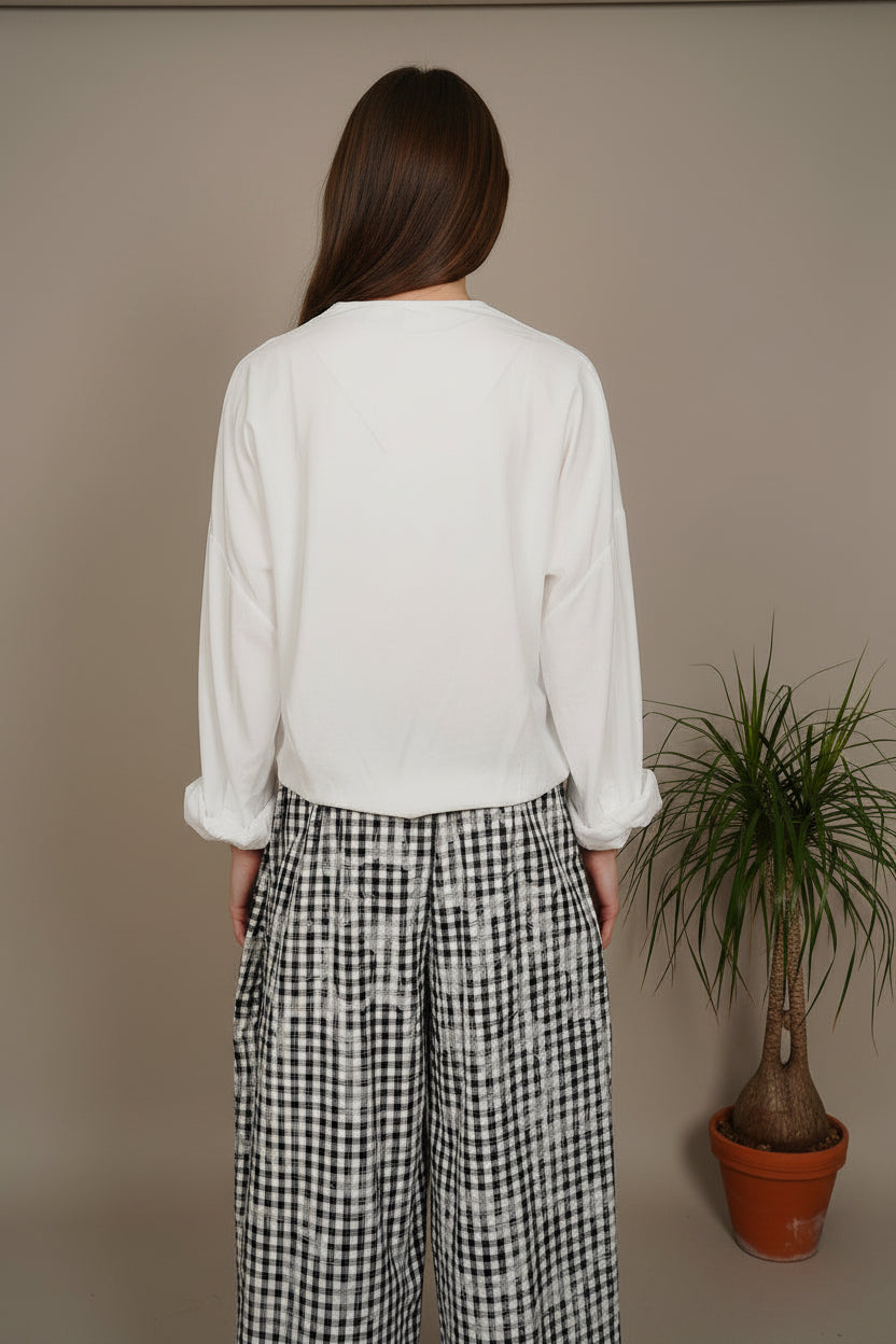 blusa cruzada de wendy trendy con efecto globo y panatalon cuadro vichy